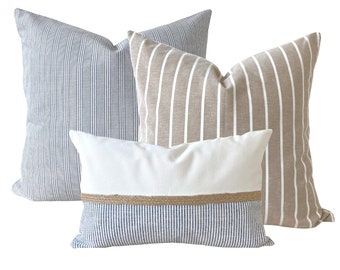 Blue and Taupe Pillow Cover combo set of 3 – Modern Coastal Natural Linen Pillows: Jute Rope Lumbar, Taupe Striped & Blue Ticking Striped