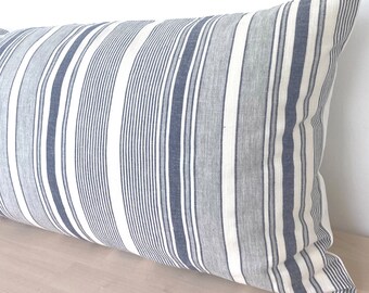 Striped Blue Linen Long Lumbar Pillow Cover, Modern Coastal Striped Lumbar, Blue Striped Long Throw Pillow Cover for King bed, 14x36