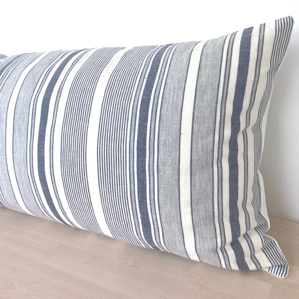 Striped Blue Linen Long Lumbar Pillow Cover, Modern Coastal Striped Lumbar, Blue Striped Long Throw Pillow Cover for King bed, 14x36