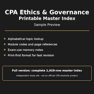 May include: A black digital document titled CPA Ethics & Governance Printable Master Index Sample Preview. It lists features including alphabetical topic lookup, module codes, page references, exam-use memory notes, and a print-first format.