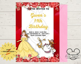 Belle Birthday Invitation, Beauty and the Beast Invitation, Printable invite, Princess Girl birthday