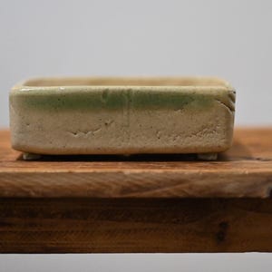 Può includere: Un vaso rettangolare in ceramica per bonsai con una base testurizzata color bianco sporco e una fascia orizzontale di smalto verde tenue lungo il bordo superiore. Il contenitore presenta un design basso con piedini integrati e finitura rustica.