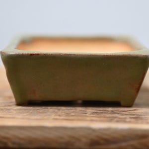 Puede incluir: Una maceta rectangular de cerámica para bonsái con un esmalte exterior verde oliva mate y un interior liso de color beige claro. La maceta presenta lados ligeramente cónicos, un borde grueso y cuatro pequeñas patas integradas en la base.