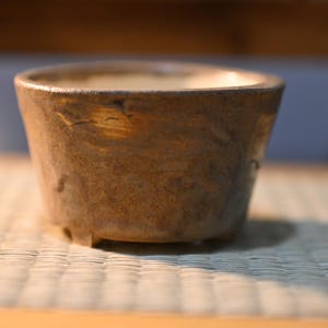 Op de afbeelding: Een kleine, ronde bonsai-pot van bruin keramiek met een getextureerd, onregelmatig oppervlak en een brede opening. De buitenkant heeft een gevlekte, aardse afwerking met subtiele kleurvariaties en de basis is voorzien van kleine voetjes.