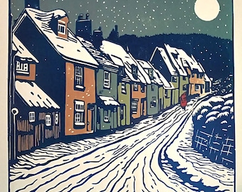 Dromen van een witte kerst / Handgedrukt / Linosnede / Winter / Magisch / Nachtscène
