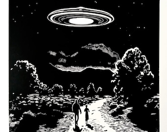 Zomernachten wandelen / originele handgemaakte print / linosnede / handgedrukt / muurkunst /