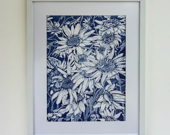 Bloemen, zonneschijn en andere verhalen II / Handgedrukte Lincout / Limited Edition / Artprint / Moderne muurkunst / Originele kunstwerken / Graphics