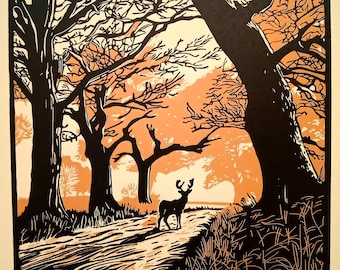 Herfstochtend in Richmond Park / originele linosnede / handgedrukt / muurkunst / Engelse landschappen / Richmond Park