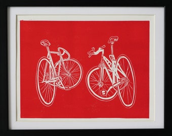 A Date / Two Bicycles / Handmade Linocut Print / Gift for Cycling Lovers/Modern Original Wall Art / Colourful Bicycles/ Romantic/Graphics