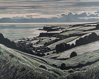 A Long Way To The Sea / Handprinted Linocut / South Downs / South Coast of England