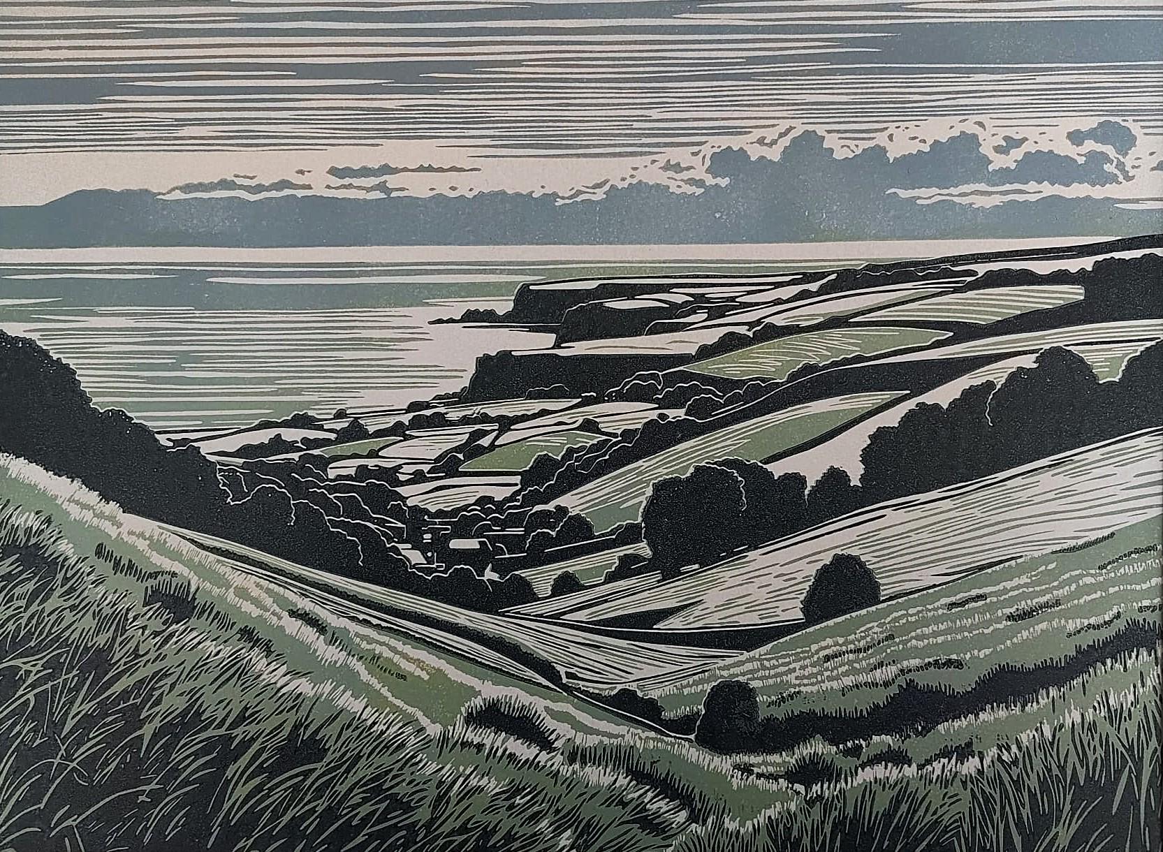 A Long Way To The Sea / Handprinted Linocut / South Downs / South Coast of England