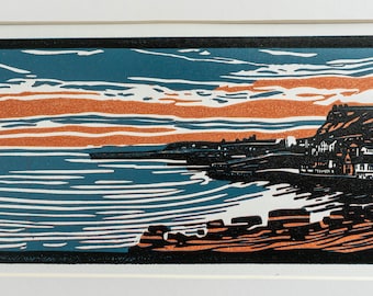 Sunset in Whitby / Handgedrukt / Limited Edition / Linosnede / Landelijke landschappen / Engeland