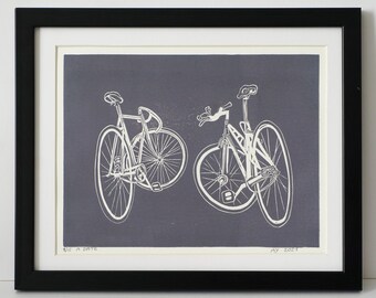 A Date / Two Bicycles / Handmade Linocut Print / Gift for Cycling Lovers/Modern Original Wall Art / Colourful Bicycles/ Romantic/Graphics