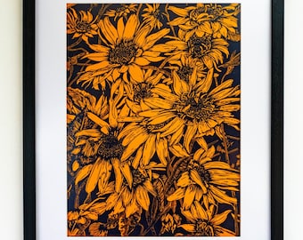 Bloemen, zonneschijn en andere verhalen / Handgedrukte Lincout / Limited Edition / Kunstdruk / Moderne muurkunst / Originele kunstwerken / Afbeeldingen