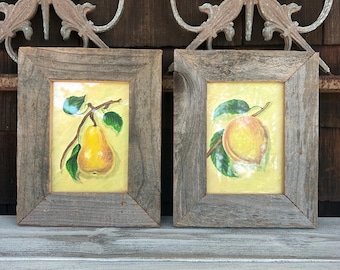Set of Two Vintage 1982 Original Oil Paintings in Handmade Reclaimed Wood Frames. Pear and Peach Paintings by Lydie.