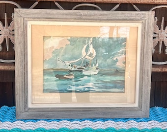 Framed Original Watercolor Painting of a Sailboat in a Gray Frame