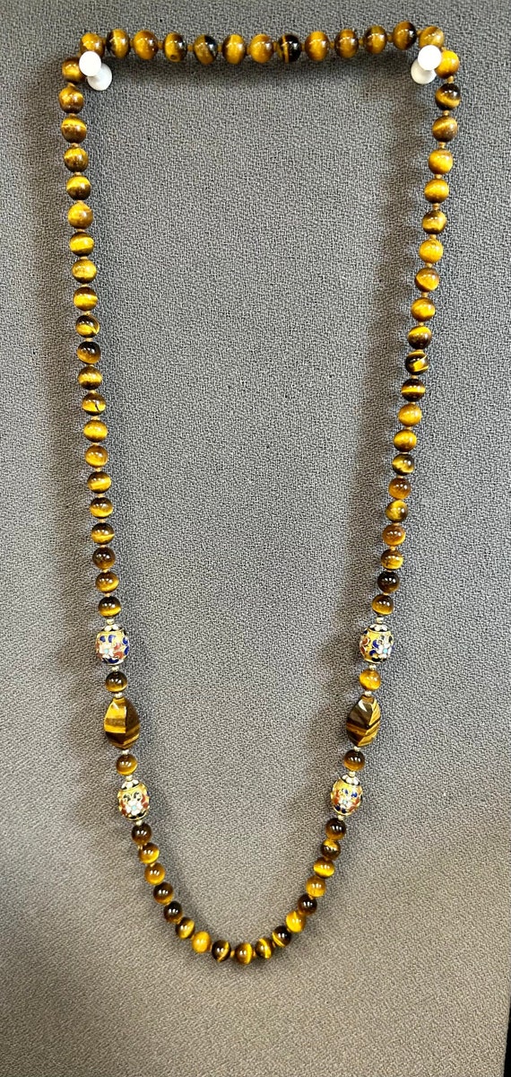 Vintage Tiger’s Eye Necklace with 4 Cloisonné bead