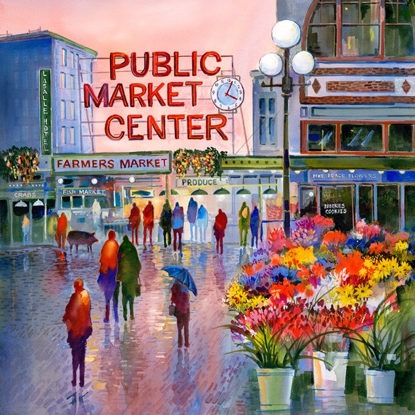 Seattle Public Market, John Ebner, Pike Street Market, Watercolor, Giclee, Washington, Prints, PNW, Pacific Northwest Art, Unframed