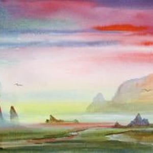 May include: Watercolor landscape painting featuring a vibrant sunset with hues of red, orange, and purple. Silhouetted trees and rock formations are visible against the colorful sky. The artwork depicts a serene, natural scene.