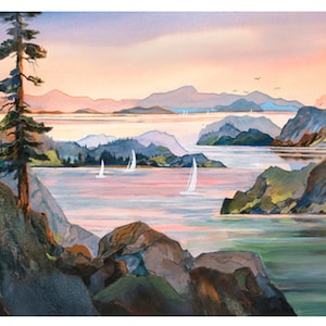 San Juan Island Impressions, John Ebner, San Juan Islands, Sailing, Washington, Giclee, Sunrise, Watercolor, Pacific Northwest Art Unframed