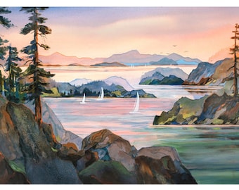 San Juan Island Impressions, John Ebner, San Juan Islands, Sailing, Washington, Giclee, Sunrise, Watercolor, Pacific Northwest Art Unframed