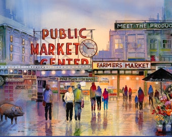 Seattle Market Shoppers, John Ebner, Pike Street Market, Watercolor, Giclee, Northwest, Washington, PNW, Pacific Northwest Art, Unframed