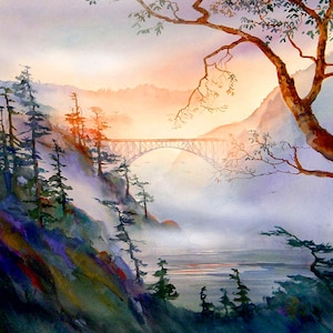 Sunrise at Deception Pass, John  Ebner 8 x 10 Decorative Tile, Watercolor, PNW Art, Deception Pass, Whidbey Island, Free Shipping