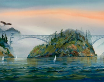 May include: A watercolor painting of a bridge over a body of water with forested hills on either side. The bridge is gray and the water is blue. The sky is a light blue with a pink and orange sunset in the background. There are sailboats in the water.