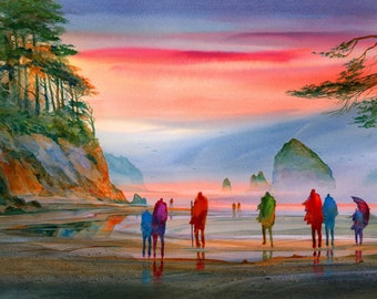 May include: A watercolor painting of a group of people walking on a beach at sunset. The sky is a vibrant pink and orange, and the water is a deep blue. The people are silhouetted against the sky, and the rocks in the distance are covered in fog.