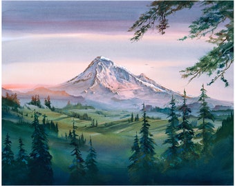 May include: A watercolor painting of a snow-capped mountain peak with a pink and purple sky. The mountain is in the distance, with a valley of green trees and hills in the foreground. The painting is framed by a tree branch in the upper right corner.