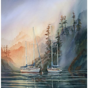 Morning Light, John Ebner, San Juan Islands, Sailing, Washington, Giclee, Sunrise, Watercolor, PNW, Pacific Northwest Art Unframed