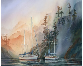 Morning Light, John Ebner, San Juan Islands, Sailing, Washington, Giclee, Sunrise, Watercolor, PNW, Pacific Northwest Art Unframed