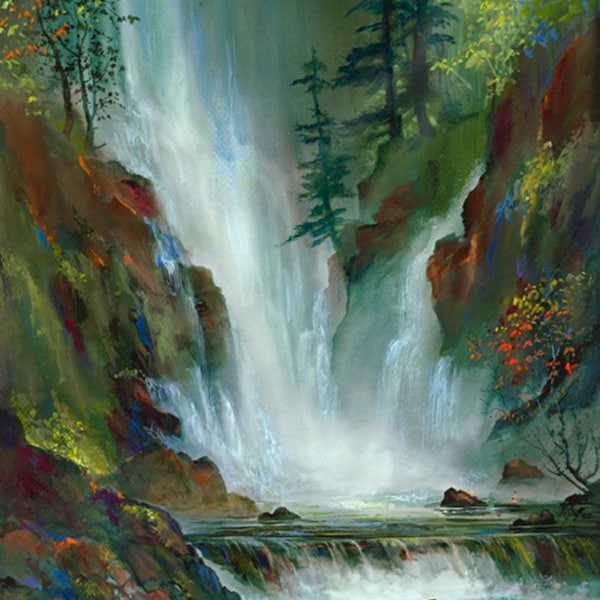 Enchanted Waters, John Ebner, Granite Falls, Washington, Giclee, Waterfall, Northwest Art, Watercolor, PNW, Pacific Northwest Art, Unframed