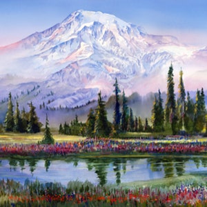 Mount Rainier Flower Season, John Ebner, Giclee, PNW, Pacific Northwest Art, Watercolor, Unframed