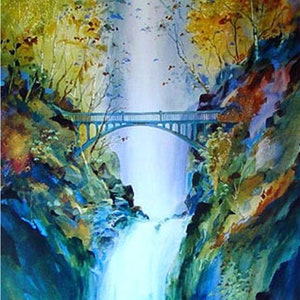 Multnomah Falls ll, John Ebner, Waterfall, Limited Edition, Offset Lithograph, Northwest Art, Watercolor, PNW Art, Unframed