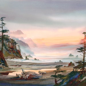 May include: Watercolor painting of a coastal landscape at sunset. The scene features a sandy beach, rocky cliffs, and evergreen trees. The sky transitions from orange to gray, with a hint of fog.