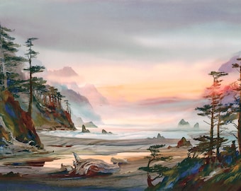 Inspiration Cove, John Ebner, Oregon Beach, Low Tide, Sunset, Northwest Art, Watercolor Print, PNW, Pacific Northwest Art, Giclee, Unframed