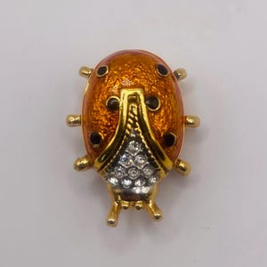 May include: A gold-tone ladybug brooch with orange enamel and clear rhinestones. The ladybug has black spots and gold accents.