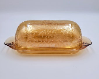 Vintage Jeanette Glass Louisa Marigold Floragold Lidded Footed Butter Dish Read