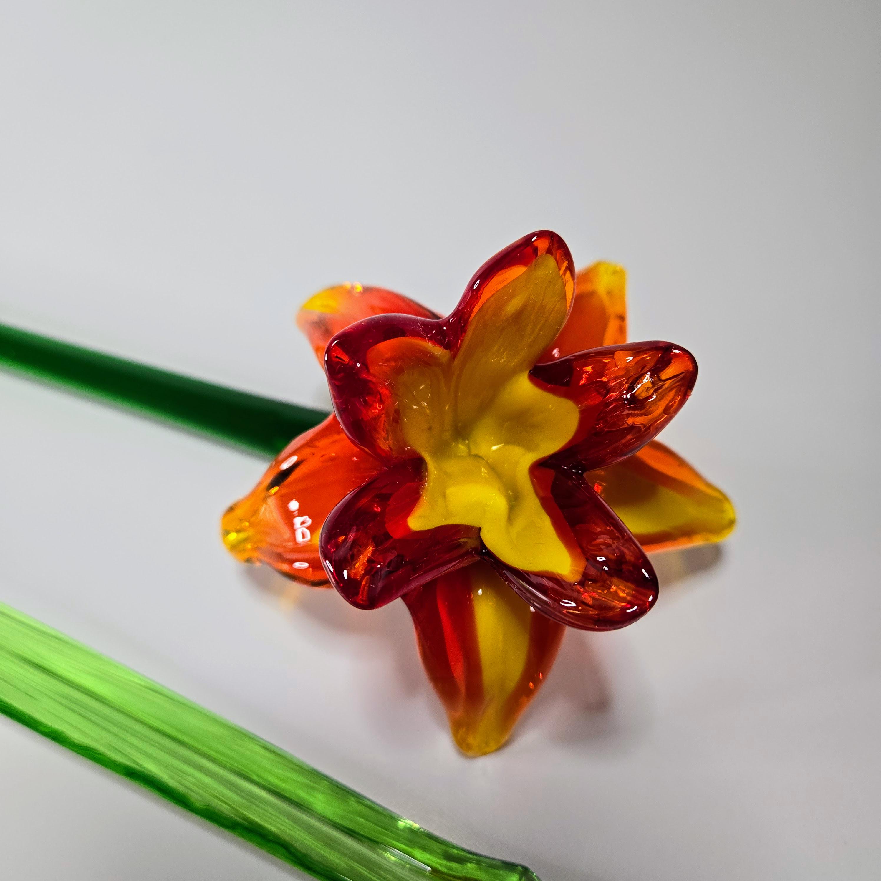 Art Glass Hand Blown Flower Red Yellow Long Green Stem Flower With Leaf ...
