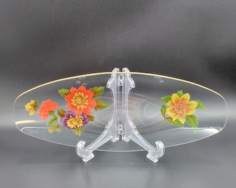 Vintage Floral Dish Clear Glass Oval Long Serving Plate Platter Flower Decals Gold Trim Read