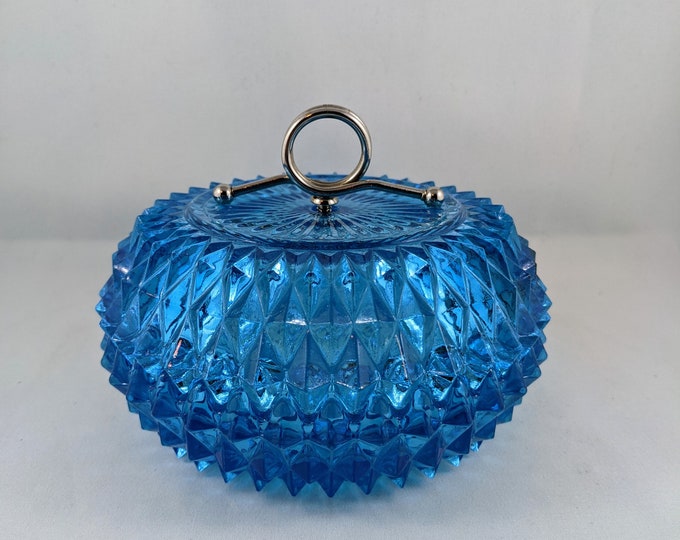 Vintage Blue Glass Candy Dish Diamond Point Covered Powder Jar Etsy