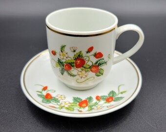 Vintage Avon Miniature Porcelain Strawberry Teacup And Saucer 1979 22K Gold Rim Read