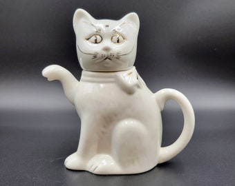 Vintage Lucky Cat Teapot Creamer White Gold Single Serve Read