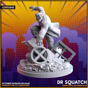 May include: A gray 3D printed miniature of Dr. Squatch, a fictional character, in a dynamic pose. He is standing on a broken window and a piece of rubble with the X-Men symbol. The miniature is 40mm in scale and sits on a 50mm base.