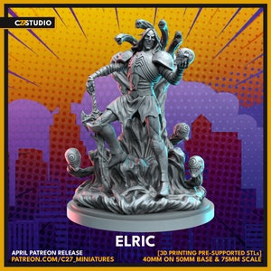 May include: A gray 3D printed miniature of Elric of Melniboné, a fantasy character, standing on a base with tentacles and skulls. The miniature is 40mm tall and is designed for 3D printing with pre-supported files.
