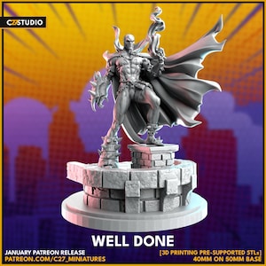 Peut inclure: Modèle 3D imprimé d'un personnage de super-héros, Spawn, debout sur une base en briques. Le modèle est gris et a une cape. Le texte "WELL DONE" est imprimé sous le modèle. Le texte "JANUARY PATREON RELEASE PATREON.COM/C27_MINIATURES [3D PRINTING PRE-SUPPORTED STLs] 40MM ON 50MM BASE" est imprimé sous le texte "WELL DONE".