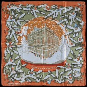 Auth. HERMES 2004 Green/Orange Noel Au 24 Faubourg by Dimitri Rybaltchenko Twill Silk Carre 90 x 90 cm, Box!