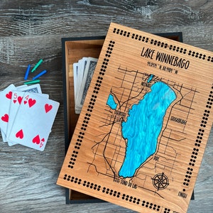 Cribbage Board, Customize for any lake, Lake Winnebago, Lake Life, Game Night, Gift for him, Birthday, Housewarming, Card Storage, Lake Map