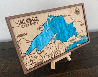 Lake Superior Map, Laser Engraved, Walnut & Blue Pearl Acrylic, Lake Art, Lake House, Cabin Decor, Map Art, Custom Maps, Great Lake